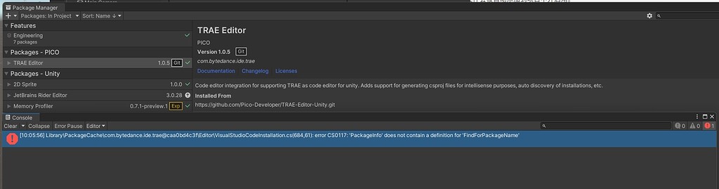 安装 TRAE Editor for Unity 后报错 - Bug 反馈 - TRAE 官方中文社区