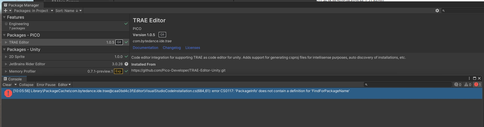 安装 TRAE Editor for Unity 后报错 - Bug 反馈 - TRAE 官方中文社区